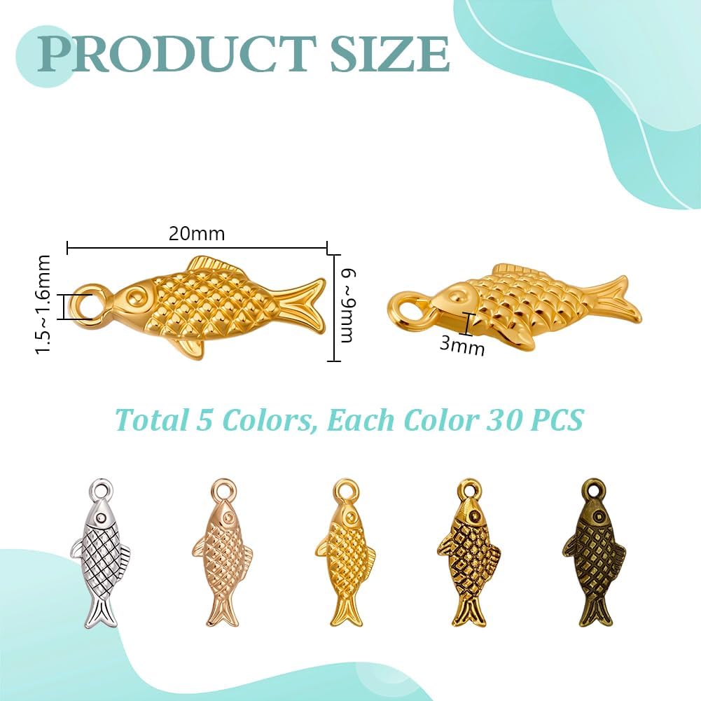 AHANDMAKER 150Pcs 5 Colors Metal Fish Charms for Craft, Tibetan Style Sea Animal Pendants Ocean Theme Metal Dangle Charm for Jewelry Making DIY Necklaces Bracelets Earrings Keychains Craft Supplies - Image 2