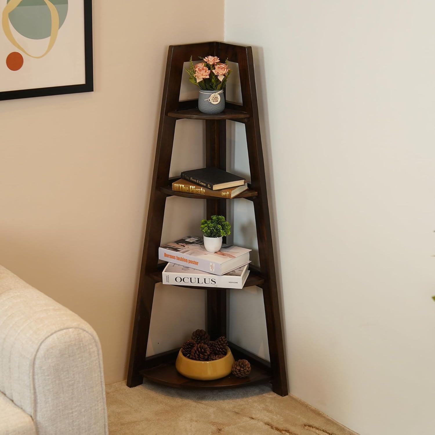 Solid Sheesham Wood Corner Ladder Shelves for Home & Office|Wooden Corner Shelves with 4Tier for Living Room Bookcase Natural Finish (Walnut Finish)-picture-18