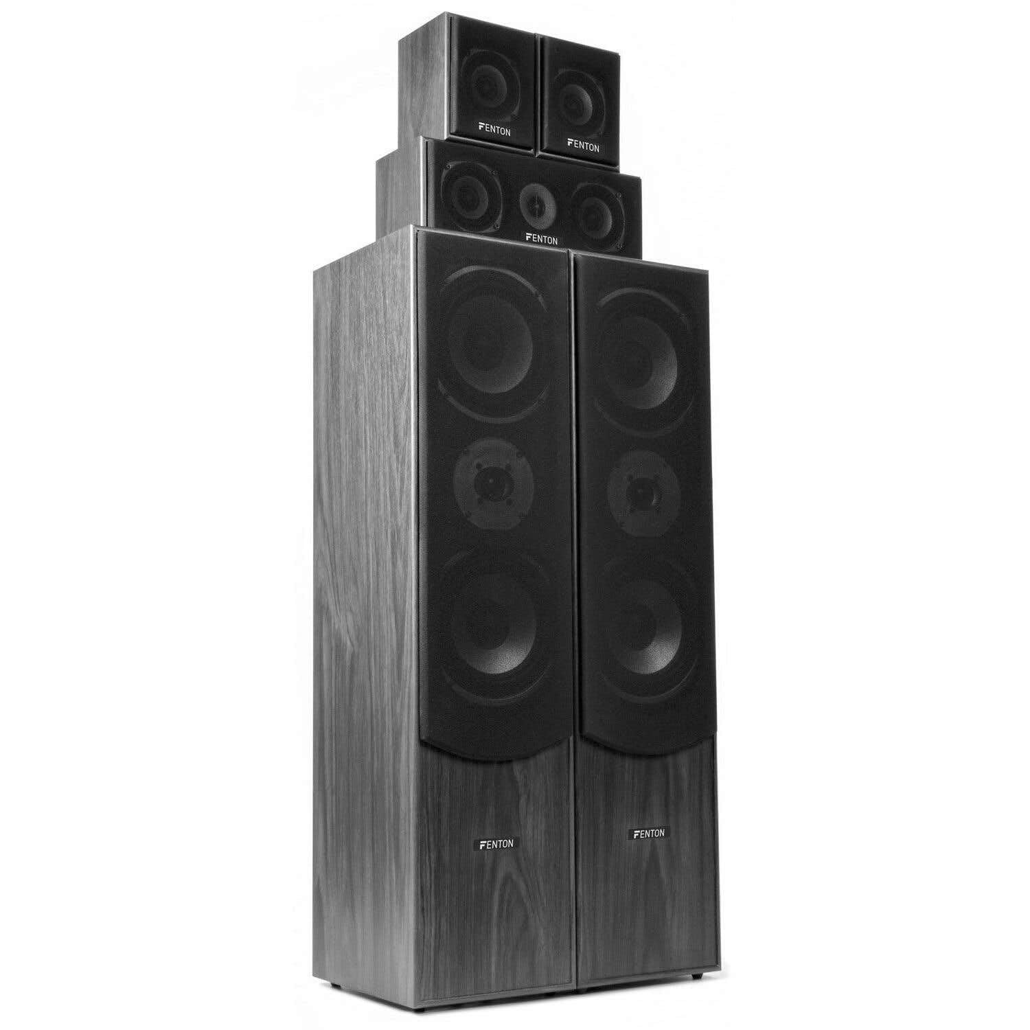 Fenton Cine en Casa 5.1 Bluetooth 510W - Equipo Completo con Amplificador, Altavoces Madera, Karaoke con Entradas Mic, Reproductor MP3 USB, Sonido Envolvente para Películas, Música y Juegos