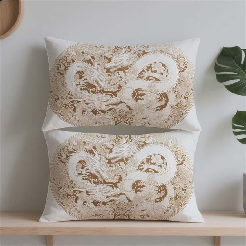 Housse coussin exterieur blanc lin impermeable haut de gamme 50x70cm rectangulaire motif dragon