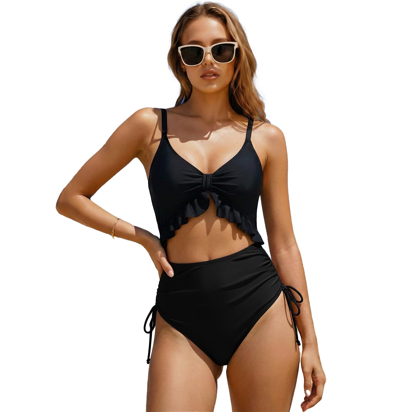 MLPKOI Bañadores Mujer Reductores Barriga Sexy, Bañador Push up con V-Cuello Trajes, con Volantes, Bañador Mujer para Playa Piscina Vacaciones, Cintura Alto Entero Bañadore Natacion con Relleno
