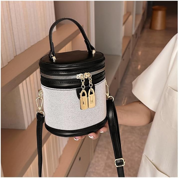 Retro Bucket Bag Color Contrast Cylinder Purse Senior Sense Style Single Shoulder Crossbody Handbag with Zipper - Image 2
