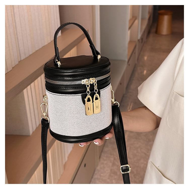 Image of Retro Bucket Bag Color Contrast Cylinder Purse | Senior Sense Style, Single Shoulder Crossbody, Zipper Closure, 4.7x6
