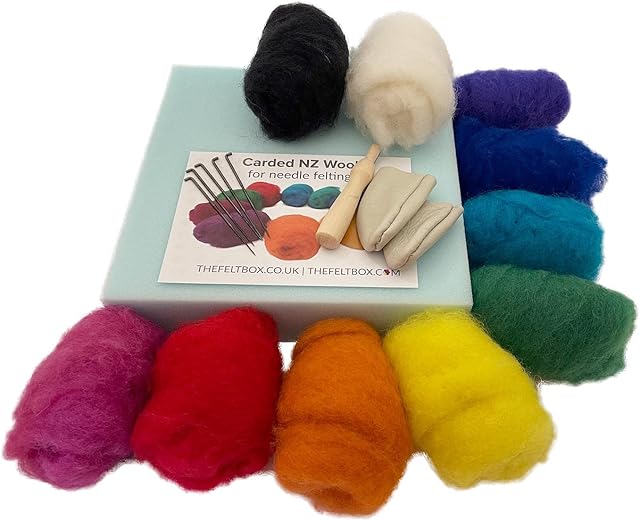 The Felt Box Best Needle Felting Starter Kit Included: Best Needle Felting Wool for Beginners - Carded Batts, Felting Needles, High Density Foam Mat (10 Colours, 100g in Total)