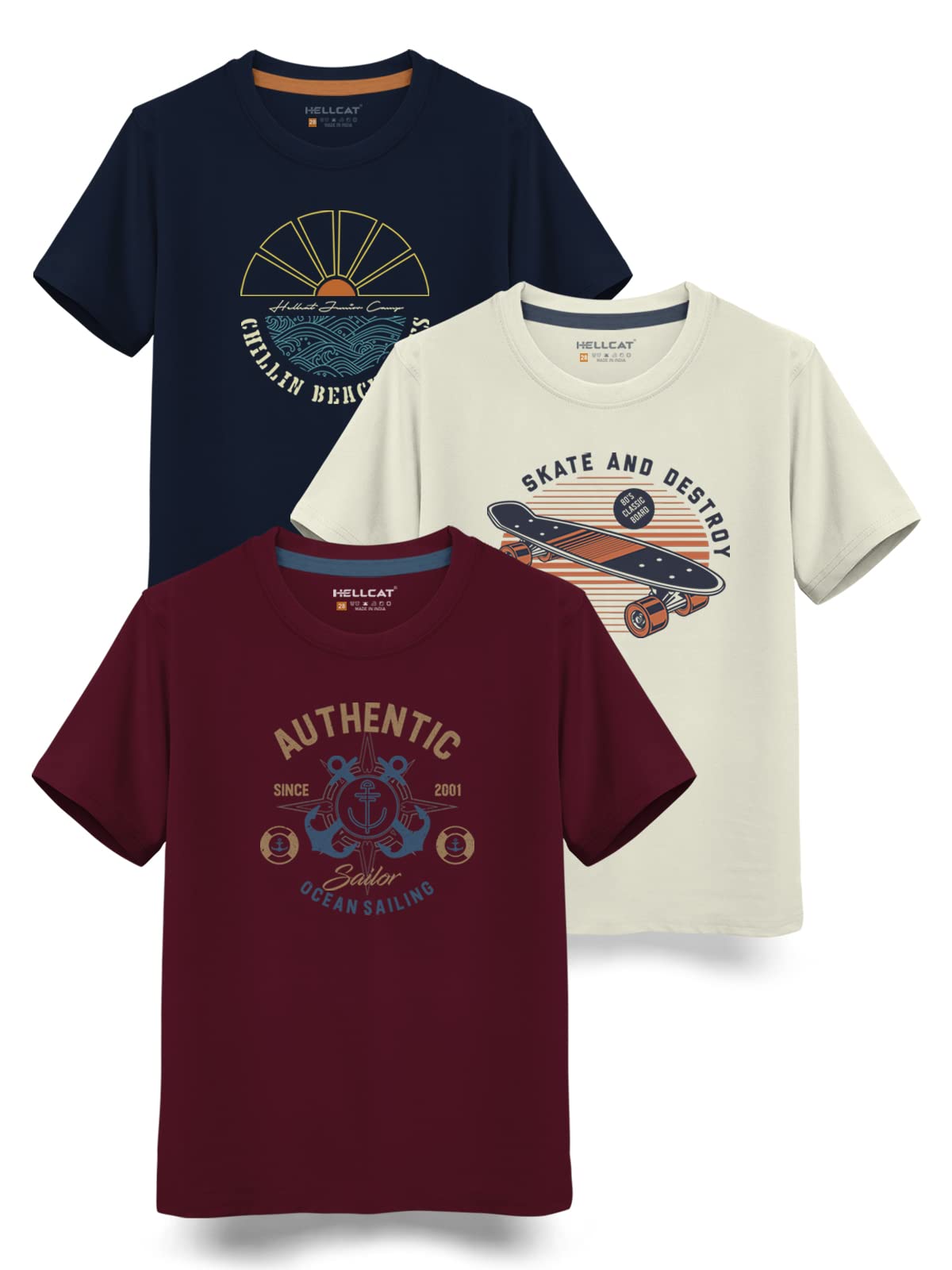 HELLCAT Trendy Typographic Printed Cotton Blend Half Sleeve T-Shirt for Boys - Pack of 3