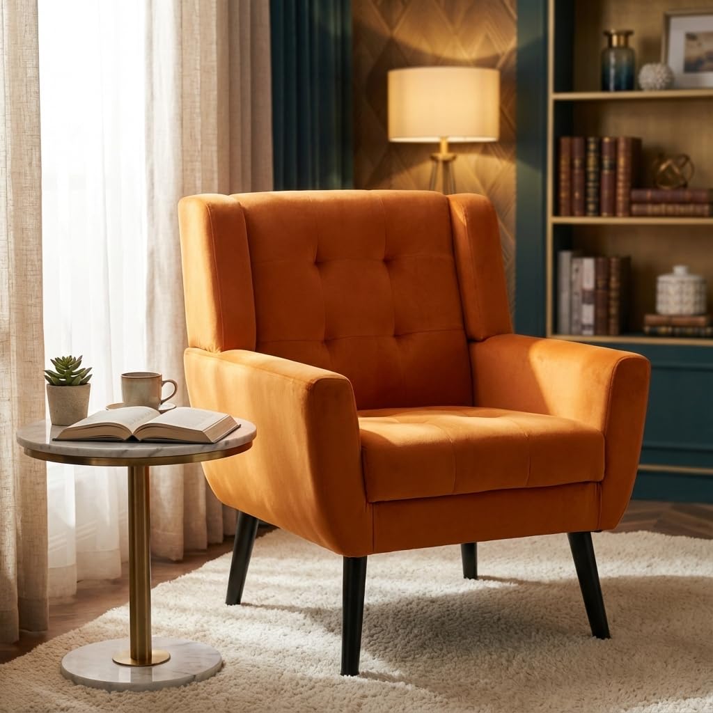 Modern Velvet Living Room Chair - Comfy Upholstered Reading Armchair with Metal Legs - Home Office Furniture & Home Decor Accent Side Chair