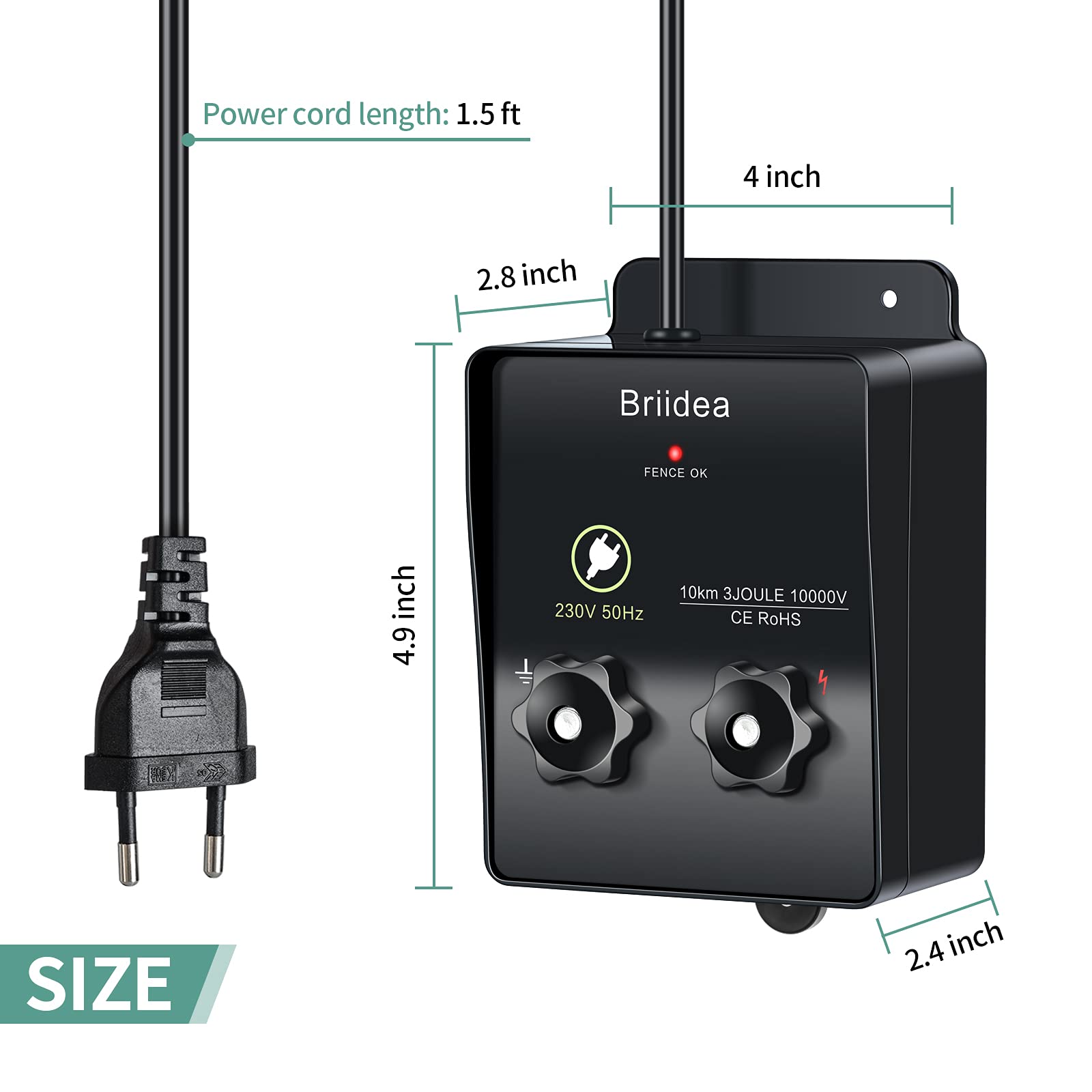 230V Weidezaungerät, Briidea 6.2 Meilen Elektrozaungerät für Hundezaun, Viehzaun, Eichhörnchen, verwendet für Gärten, Hühnerställe, Einfache Installation, 3 Joule
