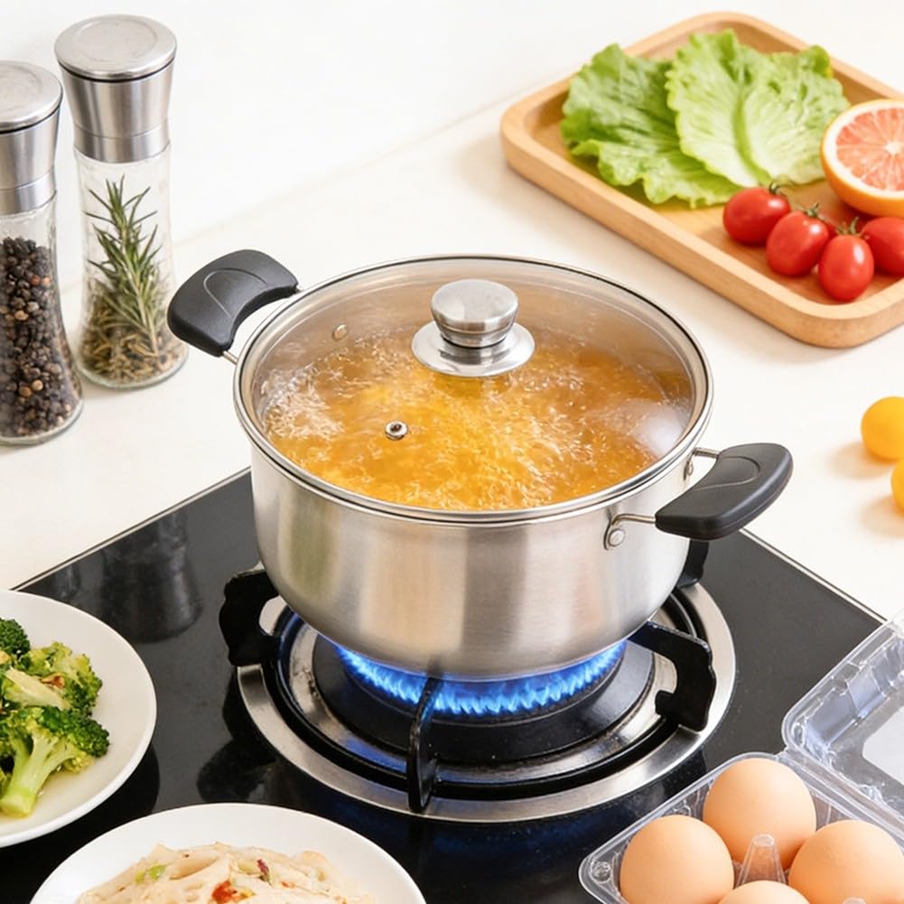 Pentola per latte in acciaio inossidabile 304 con coperchio in vetro, pentola per zuppa a doppia maniglia ispessita, per alimenti per bambini, porridge e salsa, compatibile con induzione, argento (25