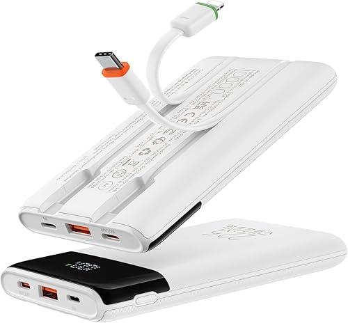 Miniatura 10 de VEGER Cargador portátil de 10000 mAh con 2 cables integrados, PD 22.5 W de carga rápida USB C, 4 salidas 3 entradas paquete de batería delgada