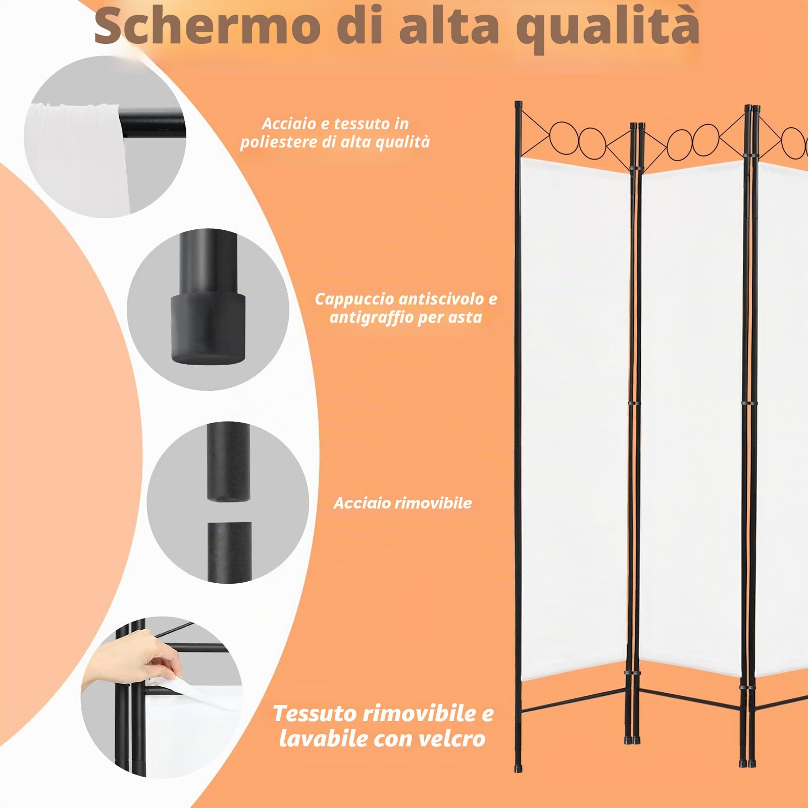 Todeco Paravento Separatore 4 Pannelli 180x160cm Bianco | Divisorio camera pleggevole, pannello 100% poliestere, per soggiorno balcone privacy, struttura leggera decorativa