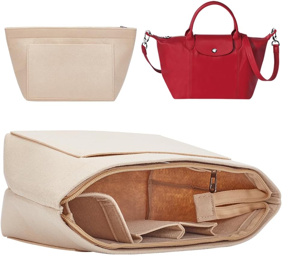WADORNWADORN Felt Purse Organizer Insert, Multi-Pocket Handbag Organizer Folding Tote Bag Inside Rectangle Bag in Bag Zipper Shoulder Bag Interior Shaper for Longchamp Le Pliage, 8.7x5.1x7.4 Inch, Beige