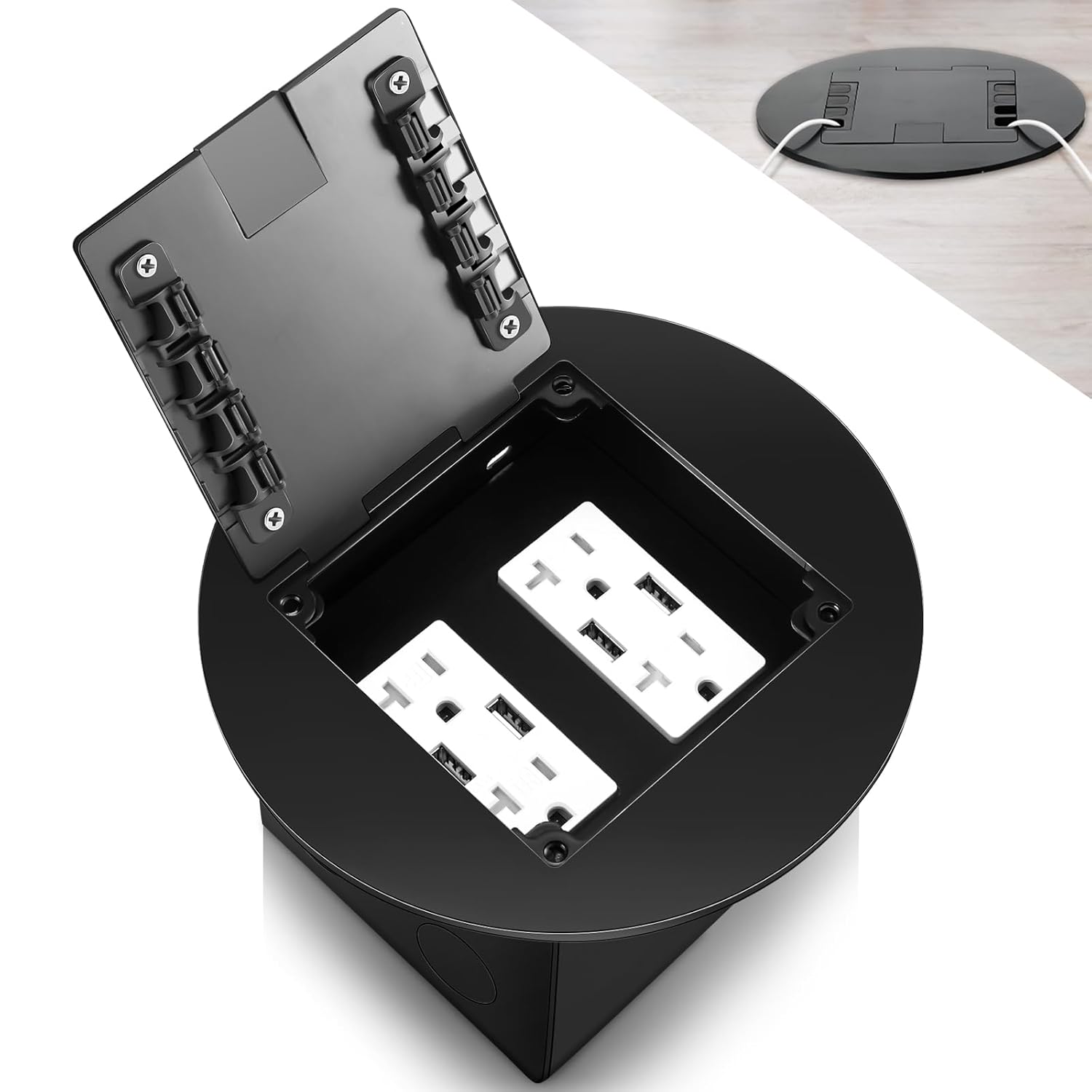 1 Pcs Recessed Floor Outlet 4. 72" x 4. 72" x 3. 94" 2-Gang with 4. 8a USB Chargers 20 Amp Floor Receptacles Round Hidden Outlet Kit Electrical Waterproof Box, Etl Listed (Black)