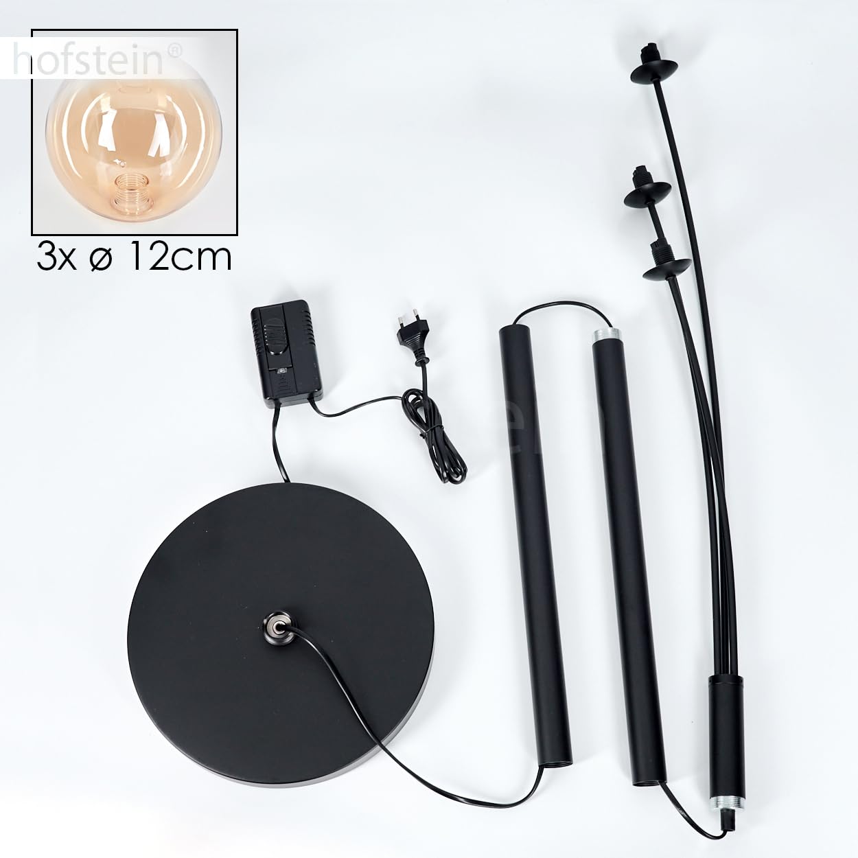 Stehleuchte Bernhardo, Stehlampe aus Metall/Glas in Schwarz/Bernsteinfarben/Klar, Leuchte im Retro/Vintage-Design mit Schirmen aus Glas (Ø 12 cm), dimmbar über Fußschalter, 3 x G9, ohne Leuchtmittel