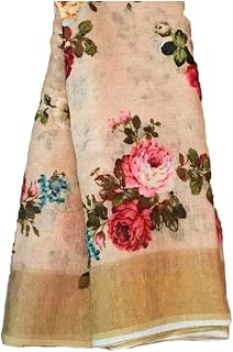 women Digital Print Original Linen With Silver Jari Patta Saree with digital printed running Blouse.