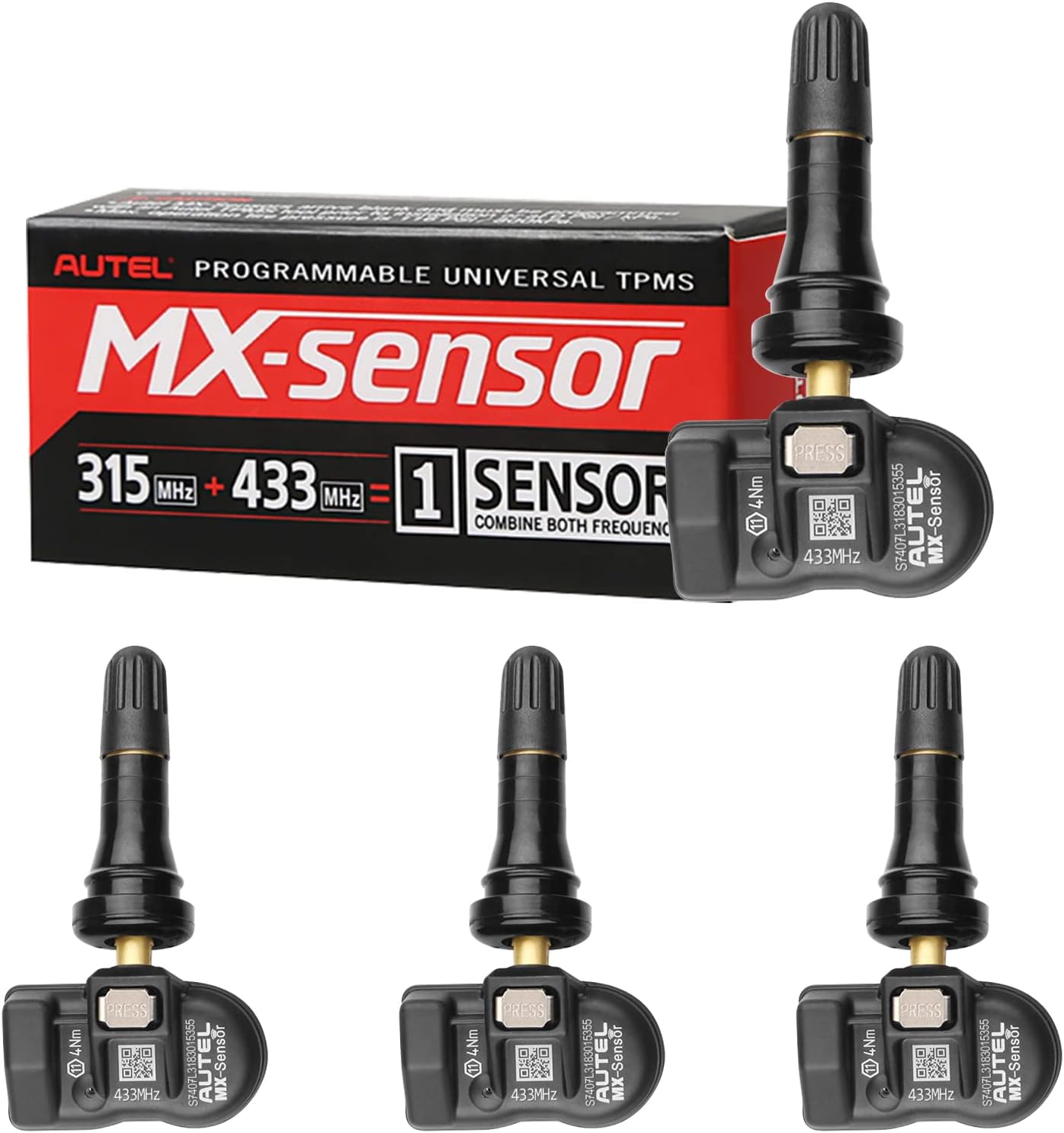 Autel MX-Sensor 315MHz+433MHz 2in1 TPS218 Tire Pressure Monitoring System - Universal Replace 98% of OE Sensors - SAE Standard J1205/J120 (Rubber Valve Stem, 4pack)