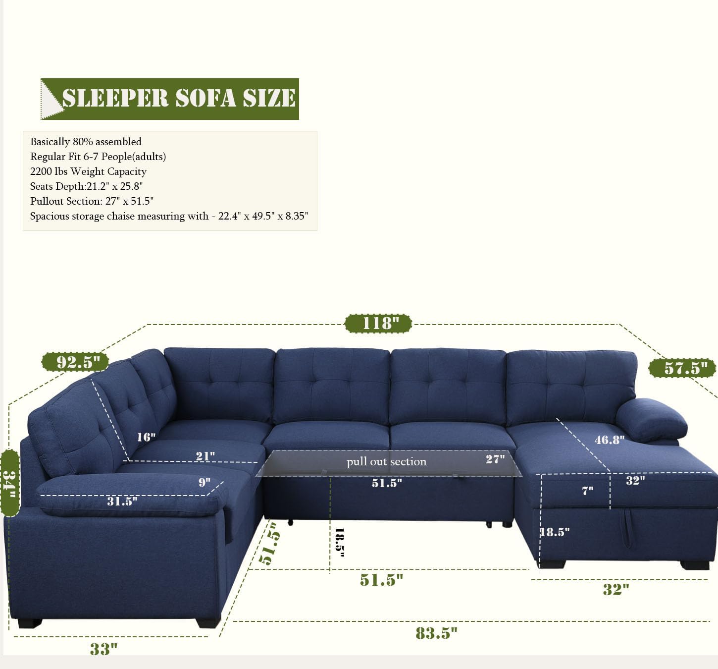 asunflower Sleeper Sofa U Shaped Pull Out Couch with Storage Chaise 118" Oversized Sofa Bed Couch for Living Room Navy Blue 6 Seater Modular Sleeper Sectional