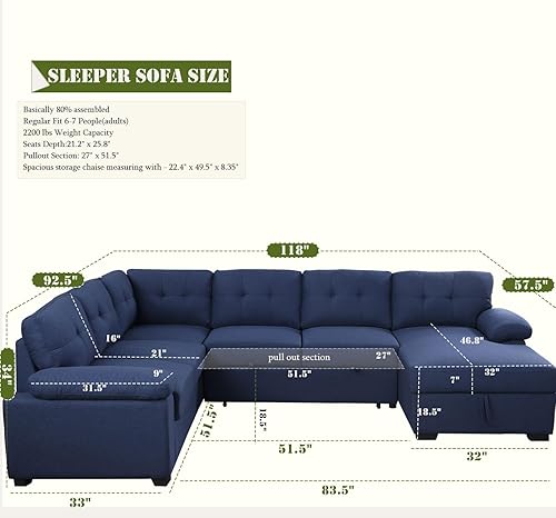 Miniatura 29 de asunflower Sofá cama modular modular con cama extraíble, sofá cama de 6 plazas, sofá cama con almacenamiento en forma de U, sofá cama para sala de