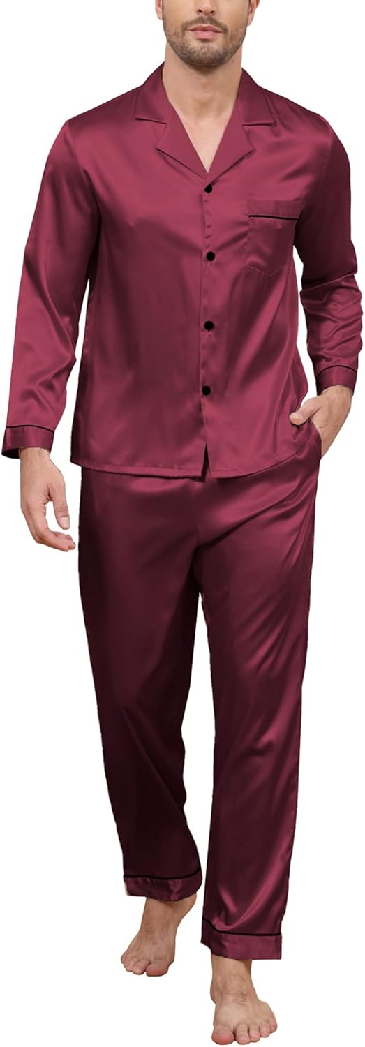 Mens Silk Pajama Set Satin Pajamas Set for Men Long Sleeve Button-Down Sleepwear Loungewear with Pants