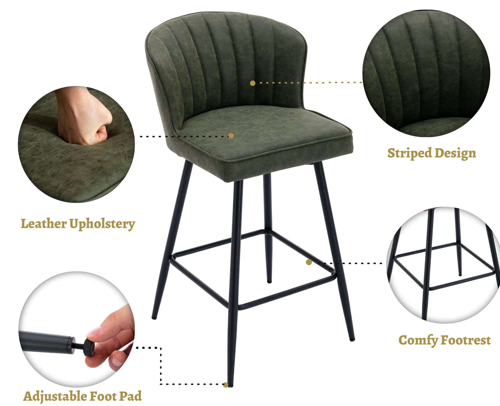 EALSON Counter Height Bar Stools Set of 2 Modern Bar Chairs with Back Leather Upholstered Barstools with Metal Footrest Comfortable Island Chairs for Kitchen Counter/Home Bar/Dining Room, Green