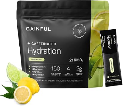 Gainful Hydration + Caffeine Packets, Electrolytes, Lemon Lime, 21 Sticks | with Key Electrolytes, Magnesium, Sodium & L-Theanine, Low Sugar Drink Mix