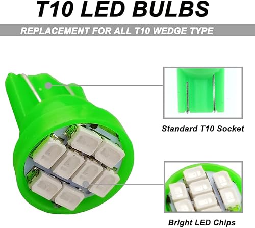 Miniatura 2 de 194 bombillas LED 168 175 2825 W5W T10 8-SMD chipsets verdes para instrumentos de tablero de automóvil, bombillas LED con enchufe de bloqueo