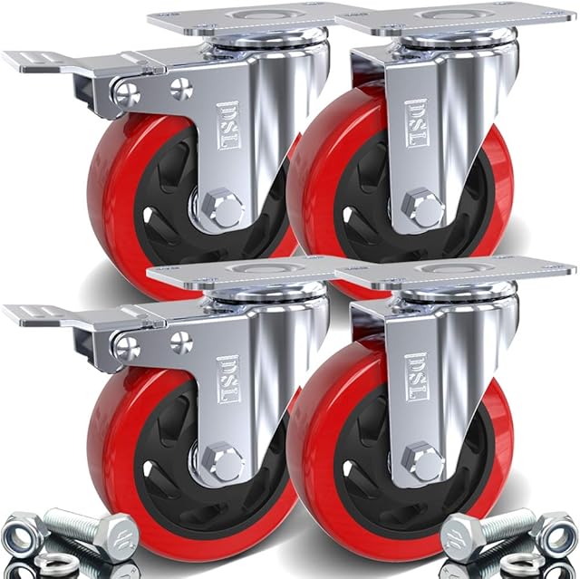 DSL 4 x Heavy Duty 2 Castor with 2 Braked Double Bearing 100mm Swivel Castor Wheel Trolley Furniture Caster 700KG + Free Bolt Fitting