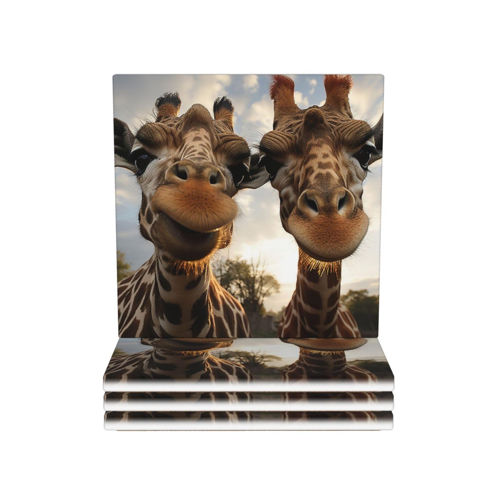 Drink Coasters Set of 4 Coffee Ceramic Coaster Two Giraffes Making Faces Coasters for Drinks Coffee Cup Mat Heat Resistant Tabletop Protection Coaster Desk Accessorie Home Decorative