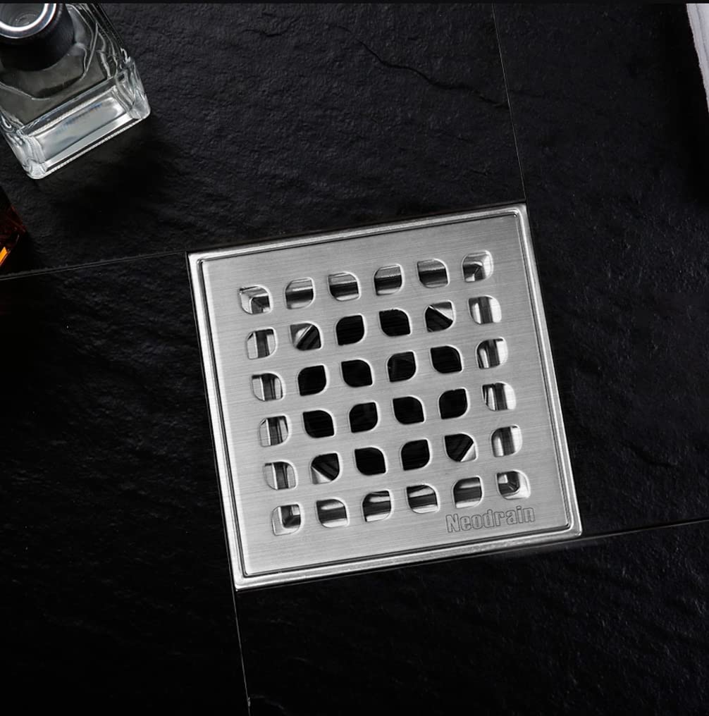 Neodrain Siphon de douche carré de 10,2 cm avec grille amovible, comprend une passoire à cheveux, une bride de liaison avec tissu anti-mèche