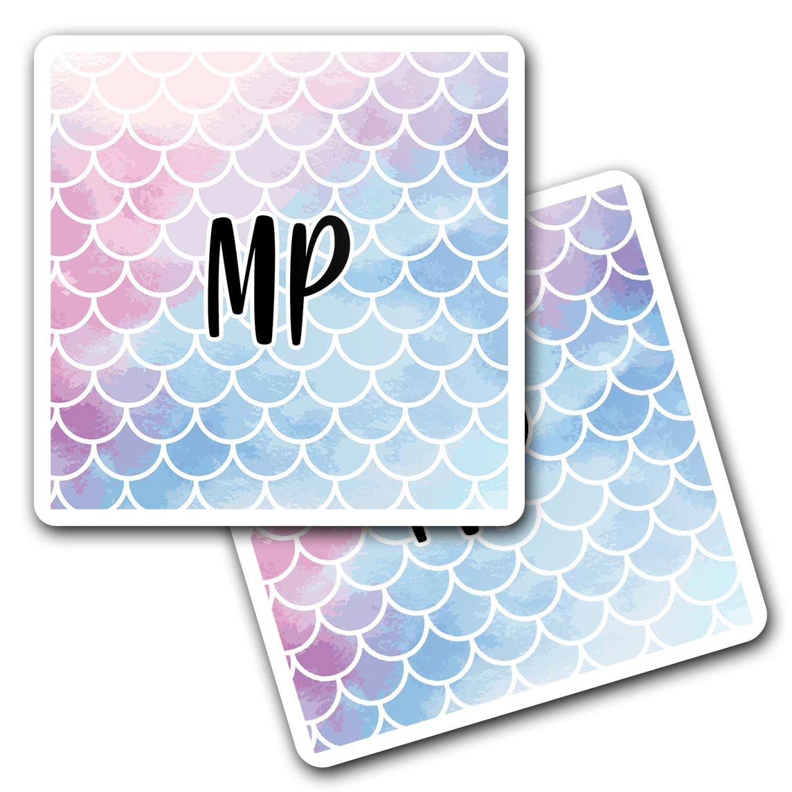 2 x 10cm Vinyl Square Stickers Set - Letters MP Mermaid Scales Fish Sea Lettering Name Travel Scrapbooking Gift Decal Wall Art Self Adhesive Waterproof #277928