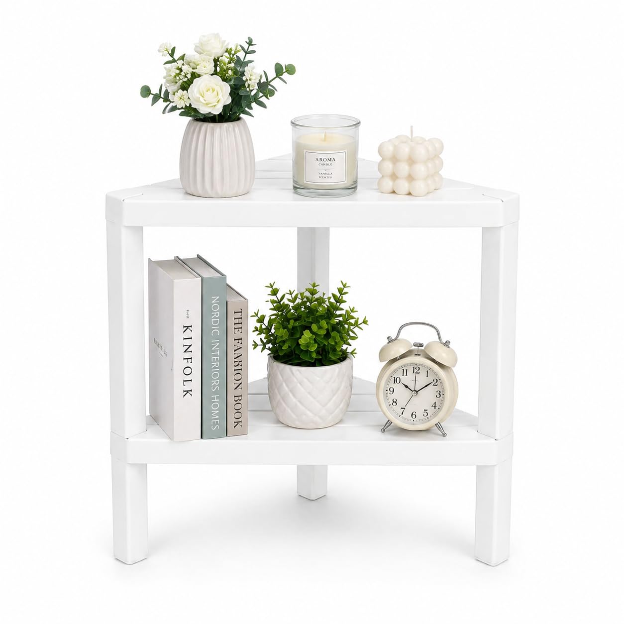 DIVCHI 2 Tier Corner Shelf Triangle Space-Saving Freestanding Shelving Unit | Storage Shelves | Display Rack | Bookcase | Kitchen Stand | Living Room Organiser | Bedroom Bookshelf (White)