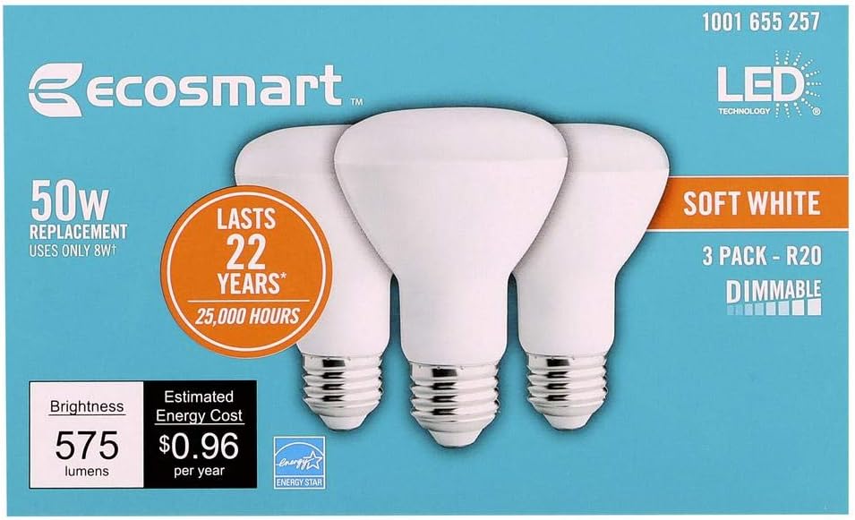 (3-pack) EcoSmart BR20 Soft White LED, Dimmable, 575-Lumen, 2700K, 8-Watt (50-Watt Equivalent) Light Bulb, E26 Medium Base