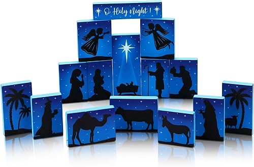 Sumind 15 piezas de pesebre de Navidad, bloque de madera, silueta negra, figuras de Jesús, mesa de noche sagrada, letrero de madera para mantel de