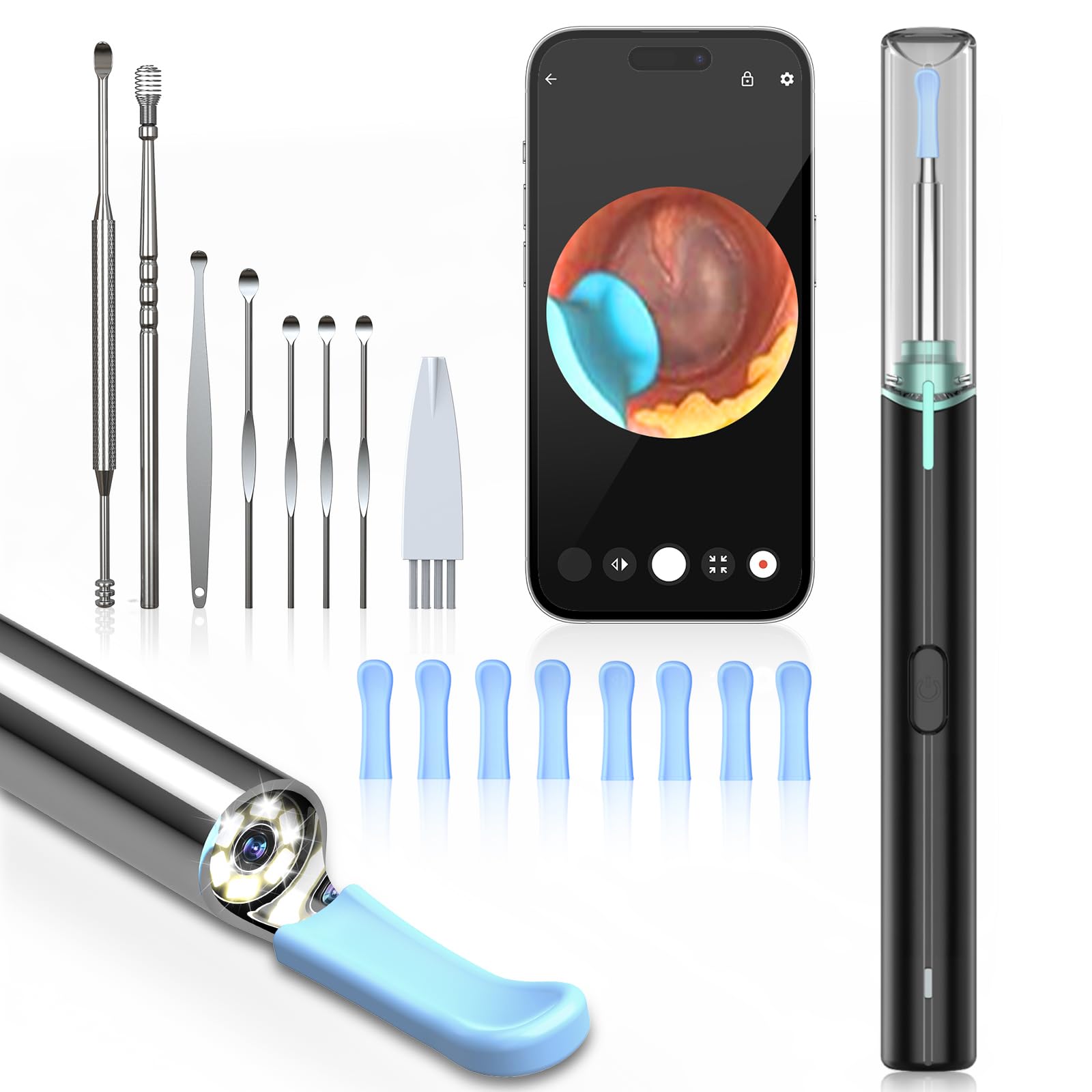 Otoscope Oreille, Nettoyeur Oreille Camera 1920P HD IP67 Étanche, Nettoyage Oreille Cure Oreille Camera avec 6 LED Avec 7 Accessoires Cure Oreille aux IOS et Android (Noir)
