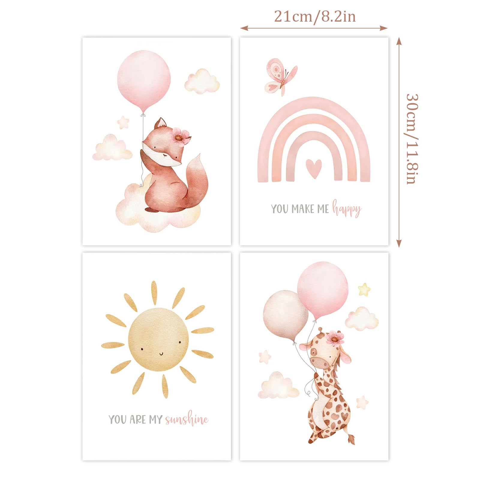 Eclove Set di 4 Poster per Cameretta Bambini - Animali ad Acquerello con Volpe Rosa & Giraffa, Decorazione Murale per Nursery e Cameretta di Bambina, Senza Cornice (21x30 cm A4)