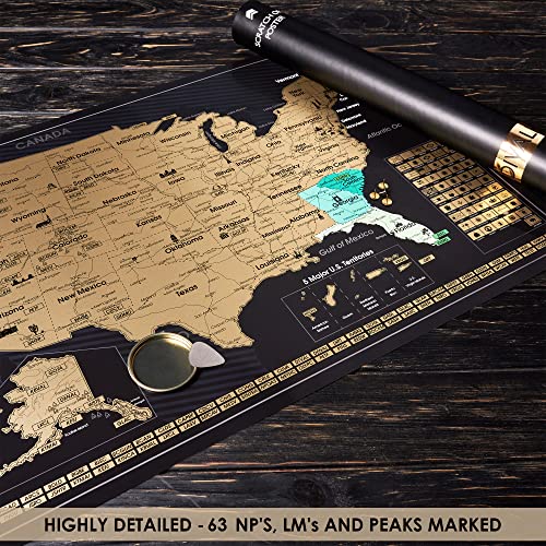 Image of 2 in 1 Gift Set - Scratch off US Map and 63 National Parks Poster - 24x16 Easy to Frame Scratchable United States of America Posters - Globetrotters Wall Map - Black and Gold Travel Tracker