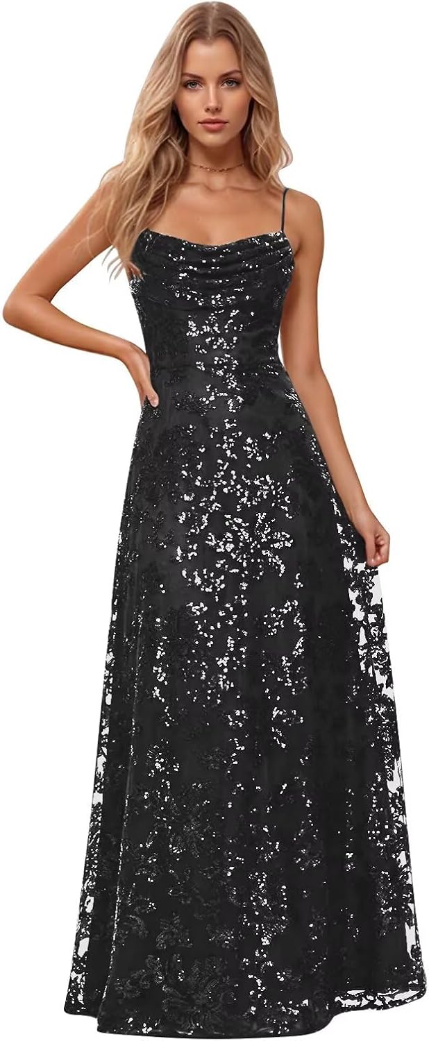 Lace Sequins Prom Dress for Women Sparkly Spaghetti Straps Long A Line Pleated Formal Evening Party Gown