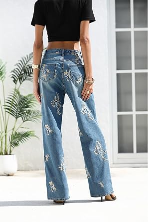 Women's Floral Embroidered Wide Leg Jeans High Waisted Boho Straight Leg Denim Pants