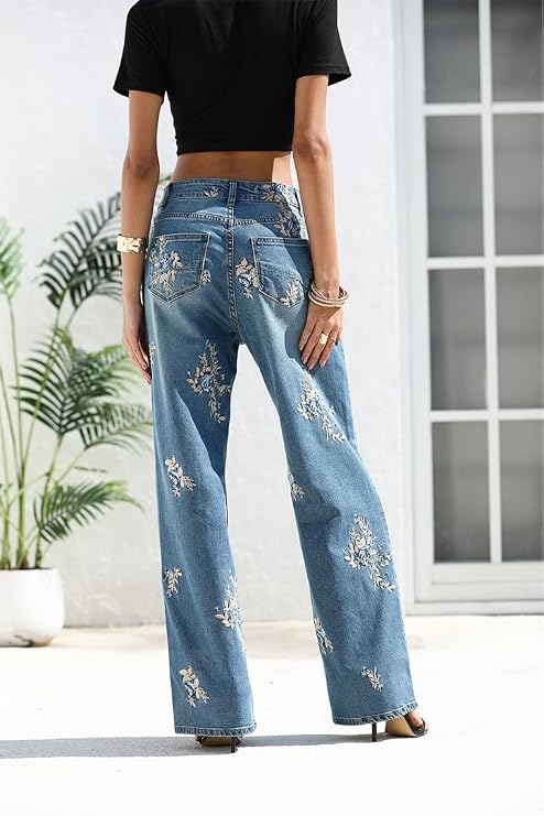 Women's Floral Embroidered Wide Leg Jeans High Waisted Boho Straight Leg Denim Pants
