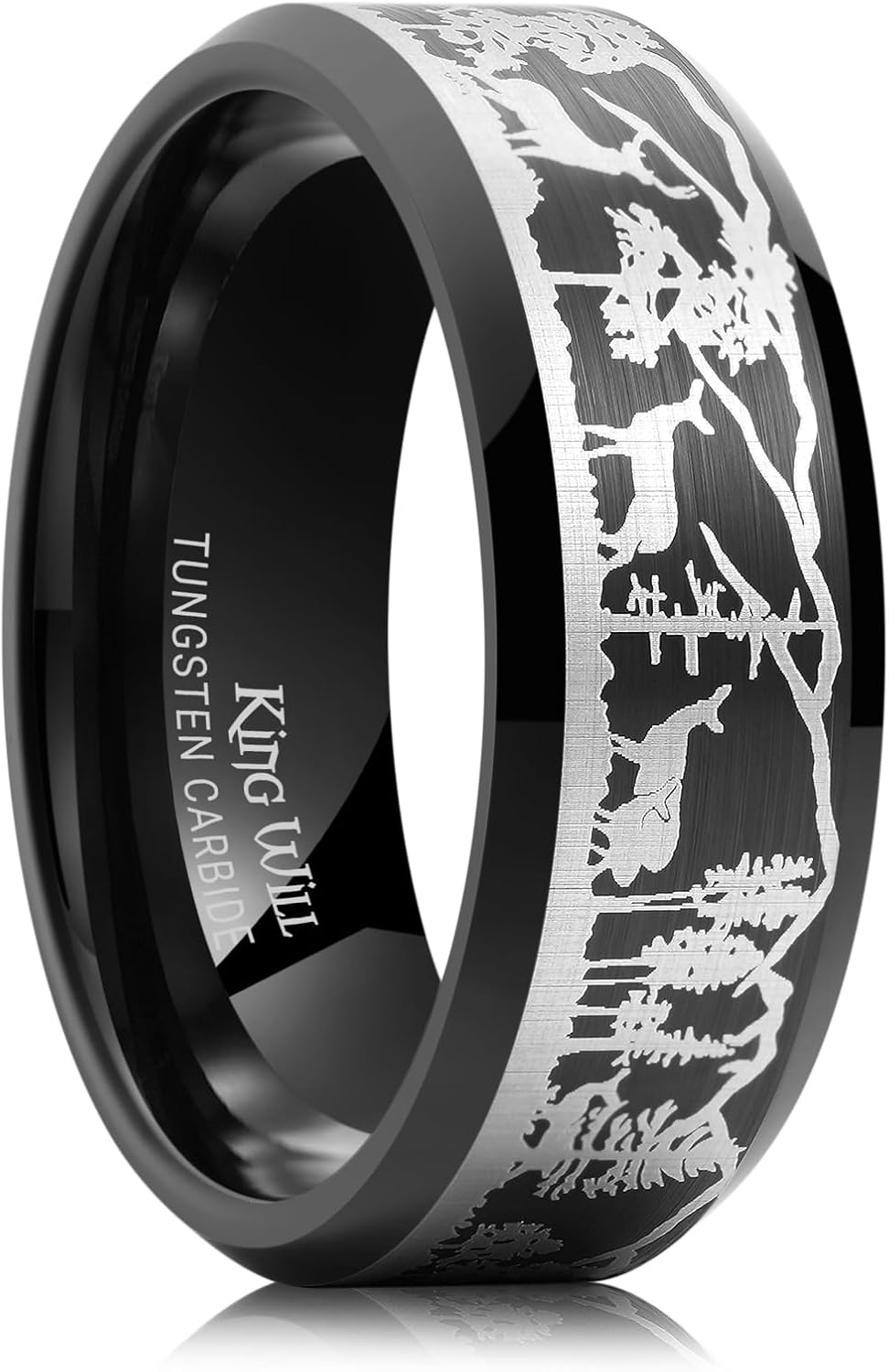 King Will Mens 6mm 8mm Black Silver Tungsten Carbide Wedding Bands Inlay Lasered Seagull/Forest Landscap/Panda/Deer/Hunting/Fly Fishing Brushed Wedding Rings for Men Women