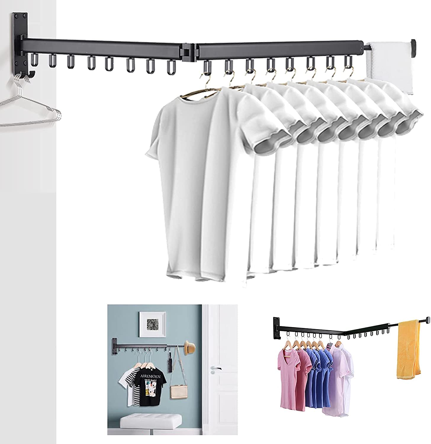E&P Retractable Clothes Drying Rack,Wall Mounted,Collapsible Space Saver Clothes Hanger Rack with Towel Bar,Strong Load-Bearing,for Balcony,Laundry,Bathroom,Patio and Bedroom (Classic two fold)