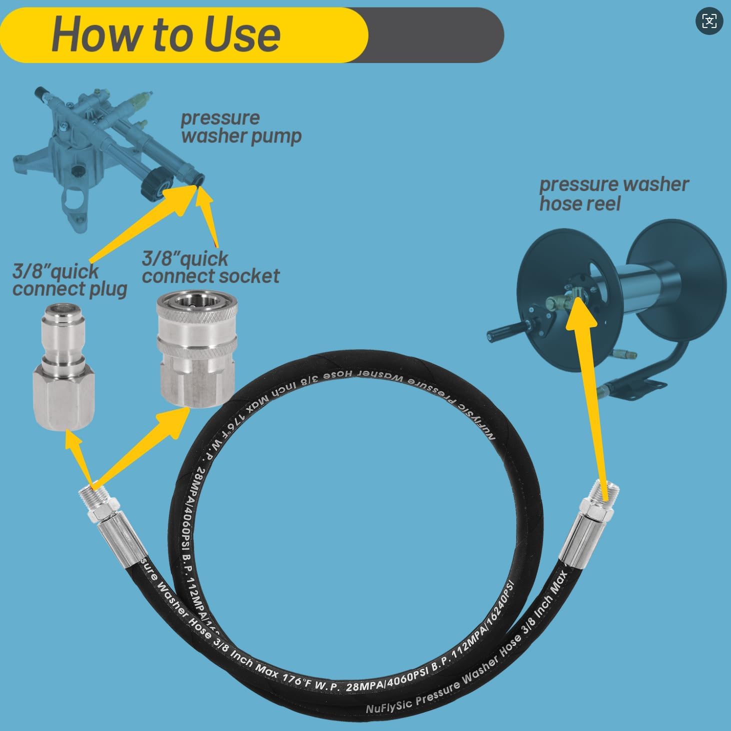 Pressure Washer Whip Hose Power Washer Jumper Hose for Pressure Washing with Swivel Steel Connector 3/8 Inch NPT Quick Connect Plug Hose Reel Connector Hose, 4000 PSI, 12FT