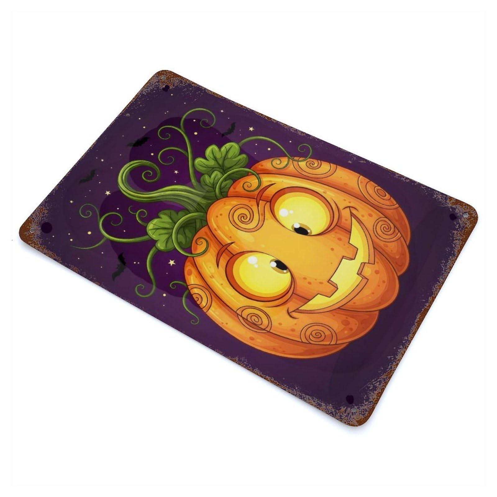 Cartoon Halloween Pumpkin with Bats 11.8"x7.9" Vintage Metal Tin Sign, Retro Wall Decor for Basement, Hobby Room And Garage Decor