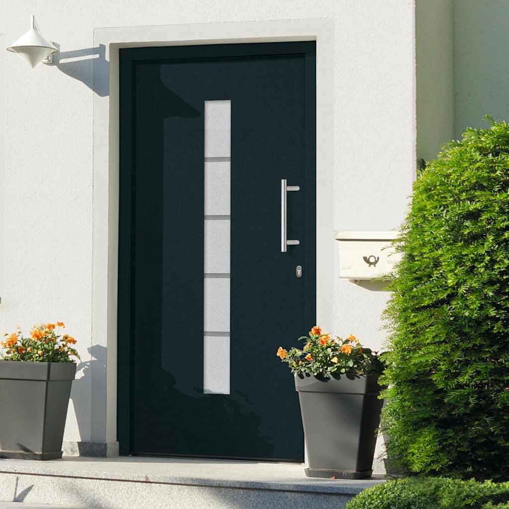 Drzwi wejściowe z aluminium i PCW antracytowe 110 x 210 cm z 5-krotnym zamkiem bezpieczeństwa, izolacja cieplna, izolacja akustyczna, przeszklenie izolacyjne, stabilna rama i blokada do drzwi