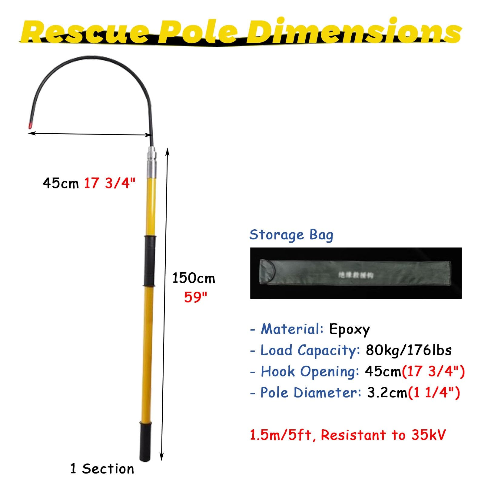 Oracra Insulated Rescue Hook Portable Body Rescue Hook Hotstick 5ft, High Voltage 35kV First-aid Hand Tools, Safety Protection Equipment for Power Station, Fire Electrician(Yellow)