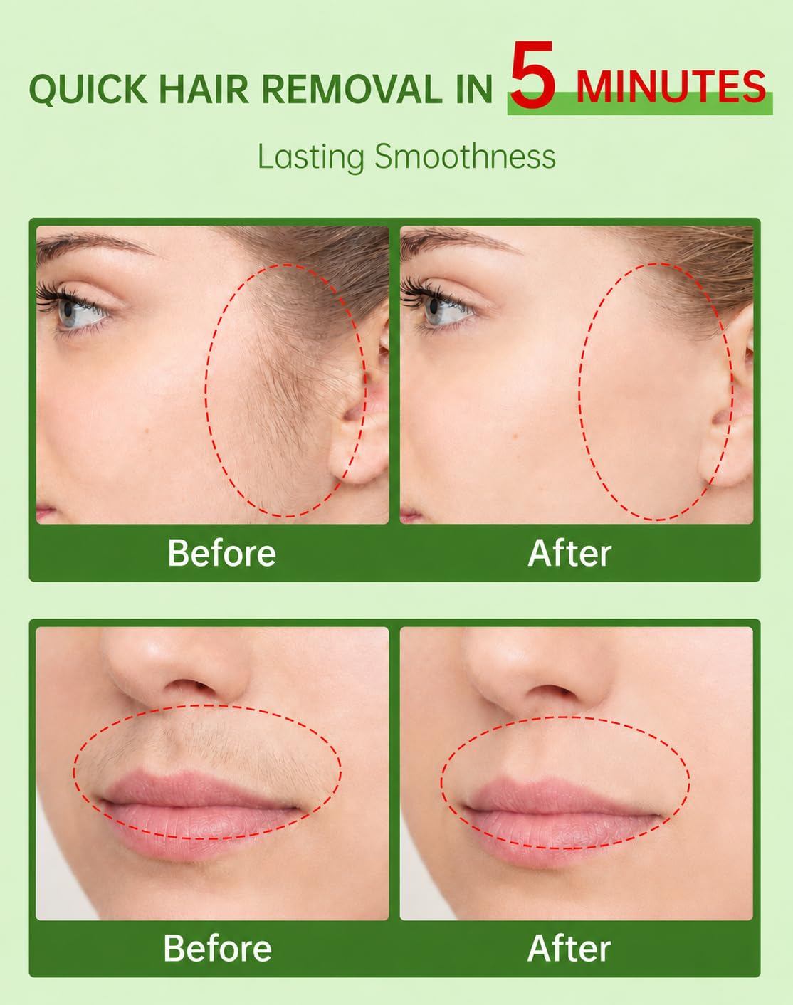 Facial Hair Removal for Women, 5-Minute Painless Face Hair Removal with Soothing Cream | At-Home Depilatory for Upper Lip, Chin & Sideburns | Sensitive Skin Friendly | Smooth Up to 7 Days, 2.03 Fl Oz