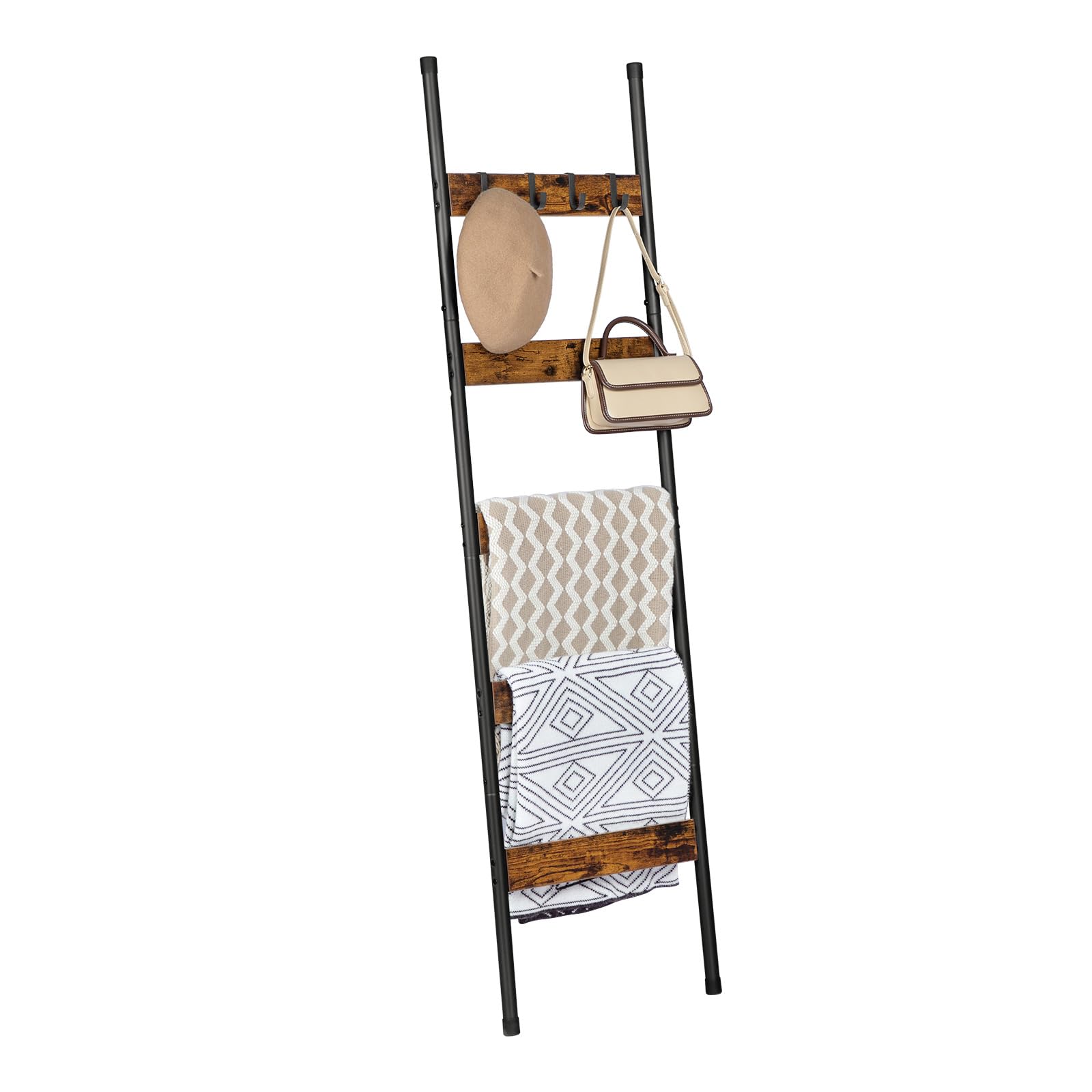 HOOBRO Handtuchleiter, 5-stöckiger Leiterhalter mit 4 Haken, Deckenhalter, Steppdeckenhalter, Wandregal mit Lagerregal, Präsentationsständer, für Decken, Steppdecken, Dunkelbraun und Schwarz EBF52CJ01