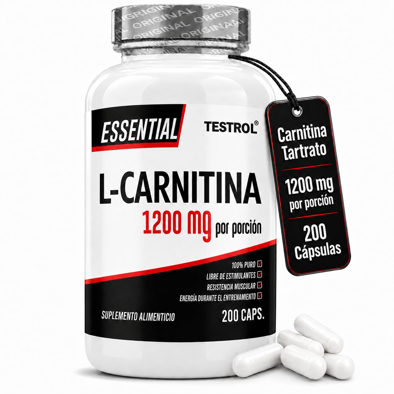 Carnitina Essential 1200mg por porción, L Carnitina Tartrato libre de Estimulantes para Hombre y Mujer, Calidad Premium | Testrol L-Carnitina Essential