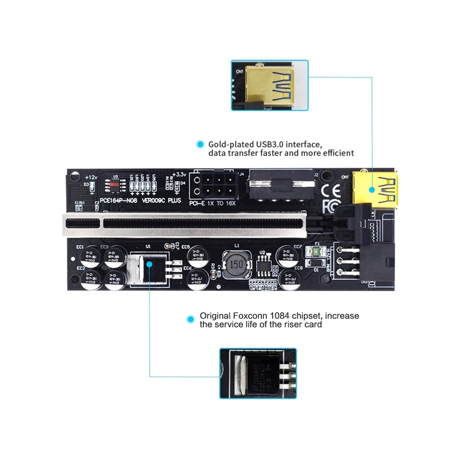 Riser 009c / 009s Plus Riser PCIe compatible with scheda video USB3.0. Cavo PCI-E 16X Riser PCI. Express 6pin Power Card compatible with minerario minerario(5pcs-Black)