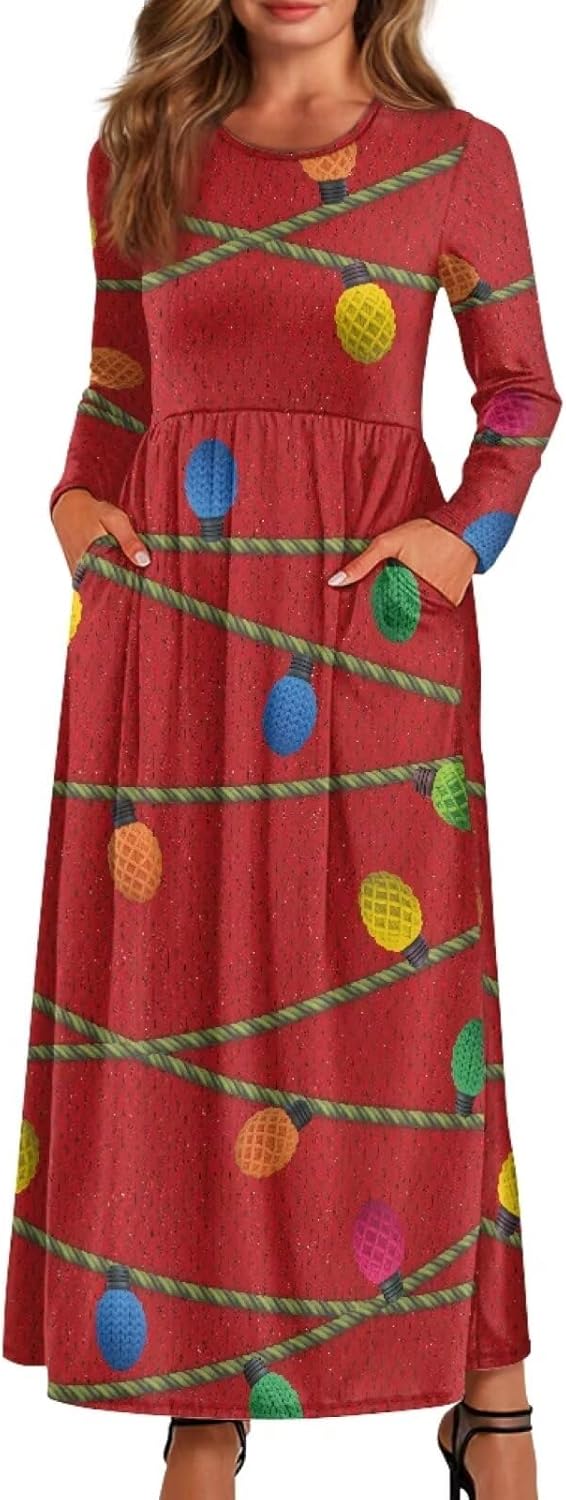 Christmas Pattern Women's Long Sleeve Casual Loose Maxi Dresses with Pockets Red Colored Lights 4X-Large - Image 1 of 6