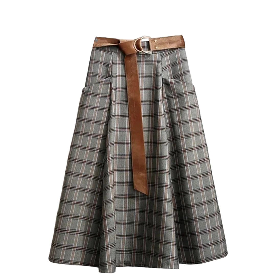 Women Plaid High Waist A-line Loose with Belt Pocket Mid-Calf Long Skirts